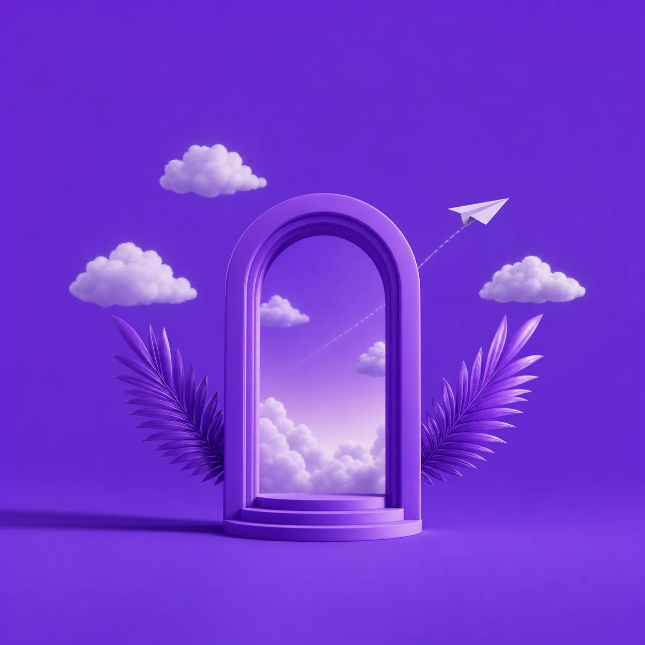 A violet archway with clouds, a paper plane and palm-leaf wings